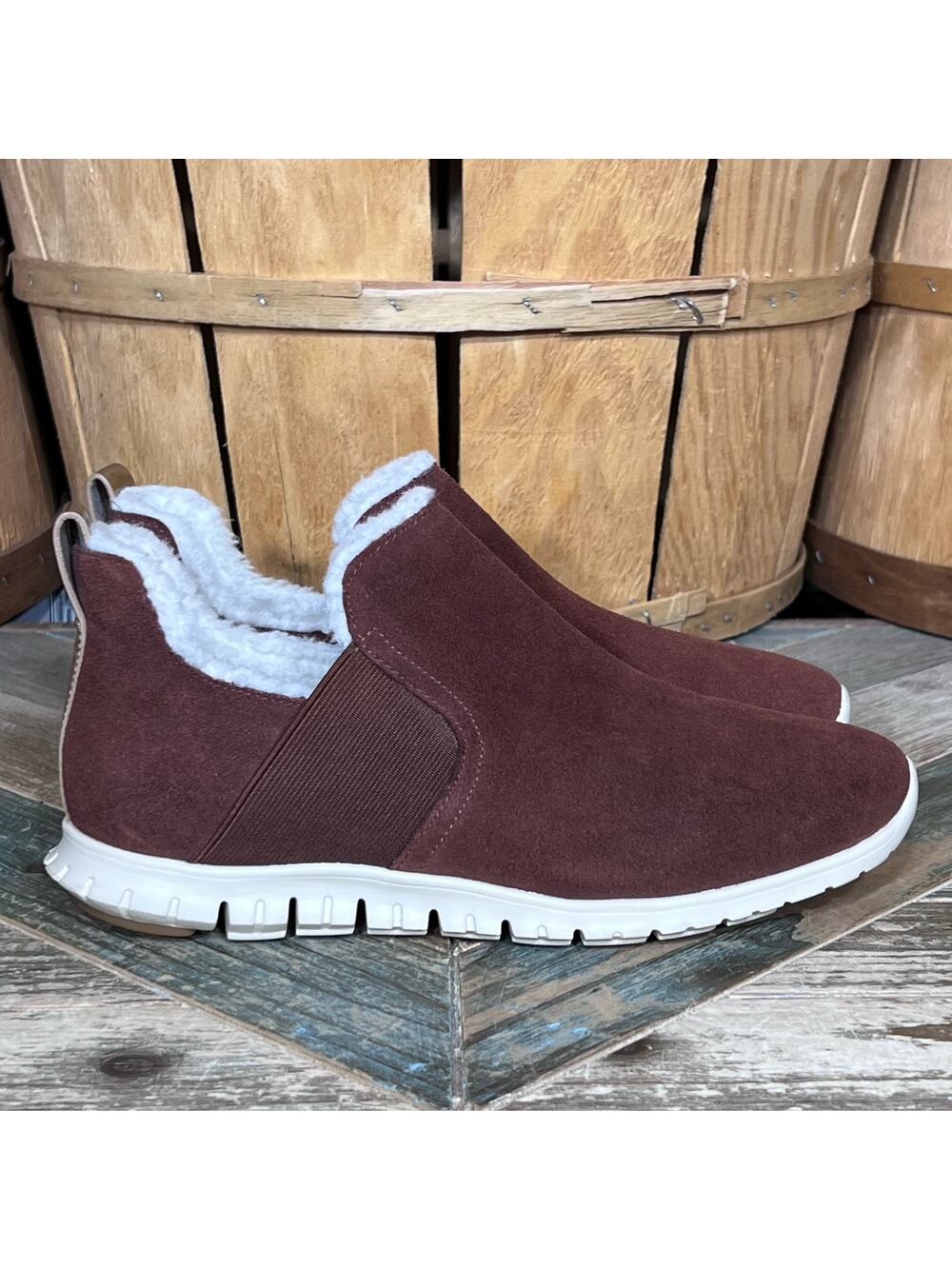 Cole Haan ZeroGrand Rust Red Suede Slip-On Fur Wool Ankle Booties Women Size 6.5